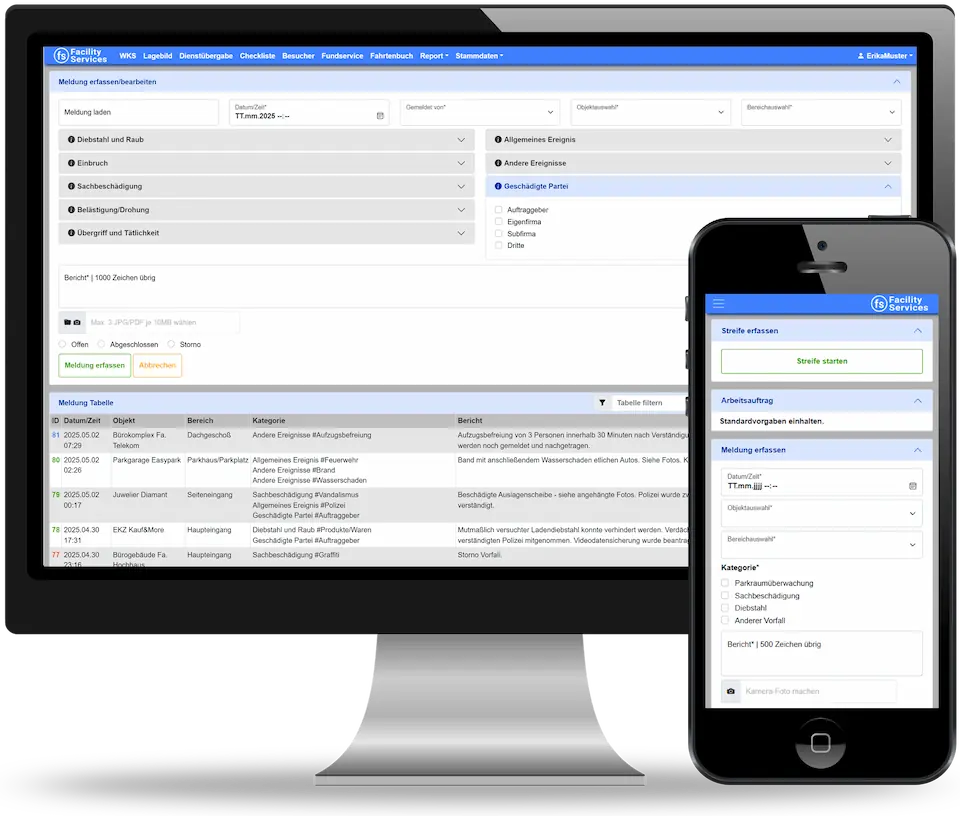 Screenshot der facility-services.net Software (SaaS) für Reinigungsfirmen auf einem Laptop und Smartphone