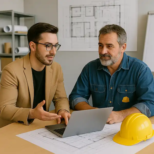 Webdesign-Beratungsgespräch mit einem Bauunternehmen-Besitzer und Handwerker der seine neue Website erstellen lassen möchte