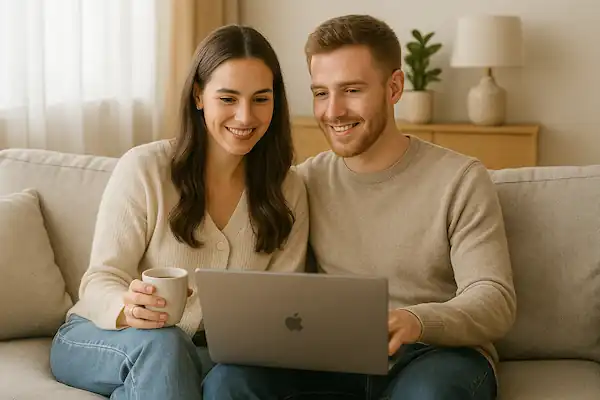 Paar plant entspannt ihre Hochzeitswebsite die sie mit webdesign4you erstellen lassen