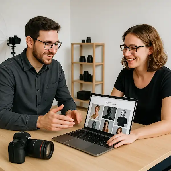 Webdesign-Beratungsgespräch mit einer Fotografin über ihre neue Portfolio-Website