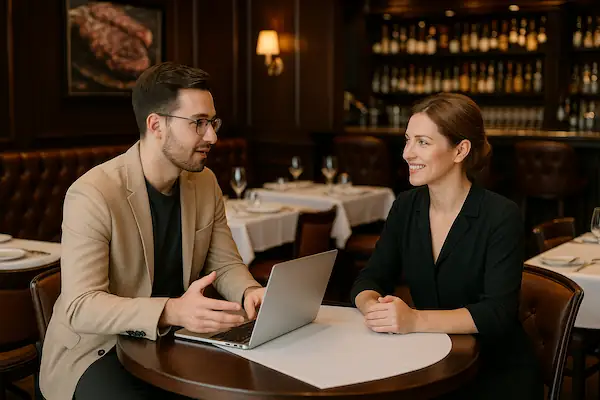 Webdesign-Beratungsgespräch mit einer Gastro Restaurant-Besitzerin über ihre neue Website die von webdesign4you erstellt wird