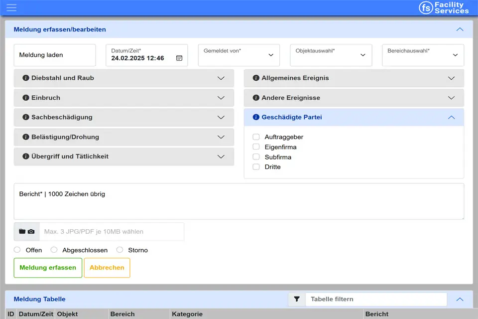 Webdesign-Screenshot Alarmzentralen-Meldesystem der Facility-Services SaaS-Plattform für Lagebilderfassung