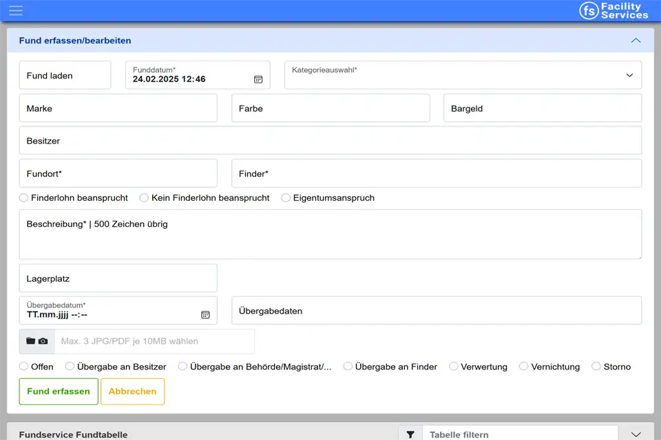 Webdesign-Screenshot des Facility-Services Lost&Found Fundservices für Fundbüros