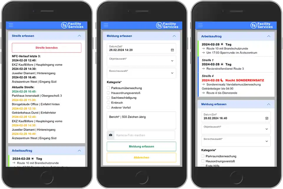 Screenshot einer individuellen Progressive Web App (Wächterkontrollsystem WKS) zur NFC- und GPS-Erfassung zur Demonstration von Individualentwicklung.