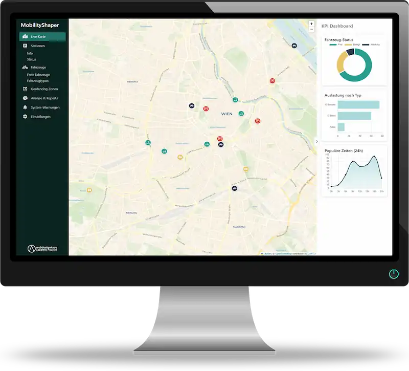 Screenshot Use-Case MobilityShaper GBFS-Viewer SaaS Dashboard mit Maps-Ansicht und Stats/Charts