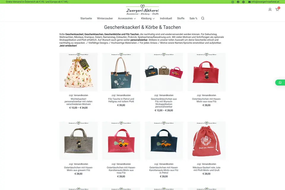 Webdesign-Screenshot einer Zwergerl-Näherei Kategorie-Seite des Online-Shops als Referenz erstellt von webdesign4you.at