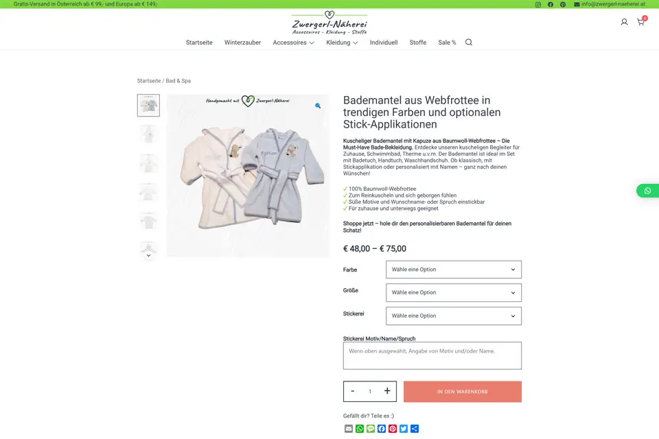 Webdesign-Screenshot einer Zwergerl-Näherei Produkt-Seite des Online-Shops als Referenz erstellt von webdesign4you.at