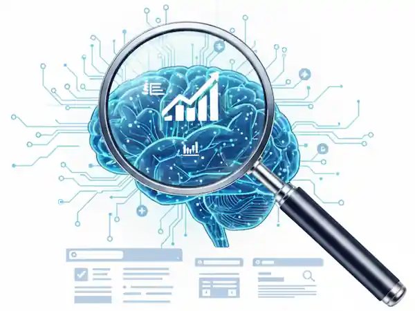 Grafik über SEO und AEO Trend 2025 mit einer Lupe über abstraktem kognitiven Up-Ranking