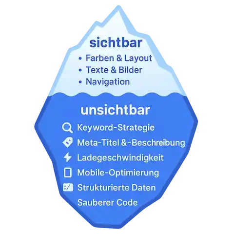 SEO Eisberg-Metapher: Sichtbares Webdesign vs. unsichtbares, aber entscheidendes SEO und Technik.